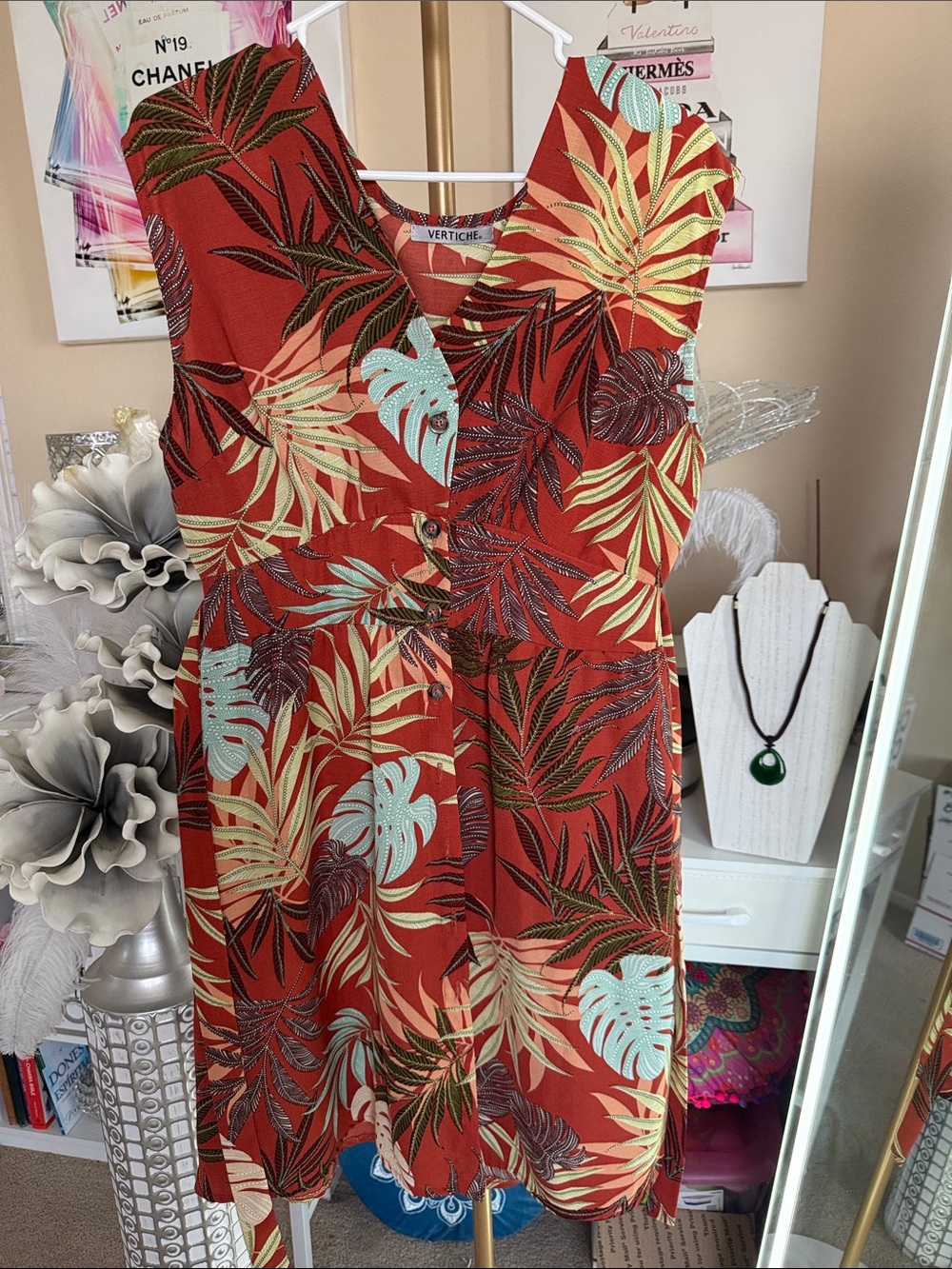 Red Tropical Print Sleeveless Dress